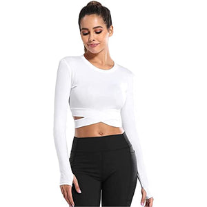 DEPOVOR Women Workout Crop Tops Tummy Cross Sport Shirt Athletic Yoga Gym Activewear Tops