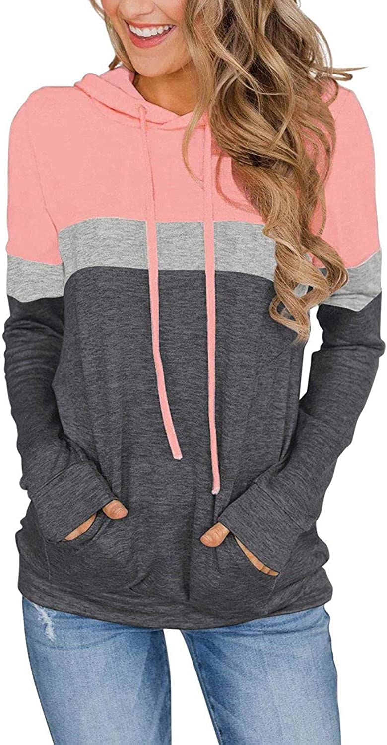 MODVICA Women Casual Hoodies Color Block Pullover Long Sleeve Tops With Pocket Drawstring Sweatshirts