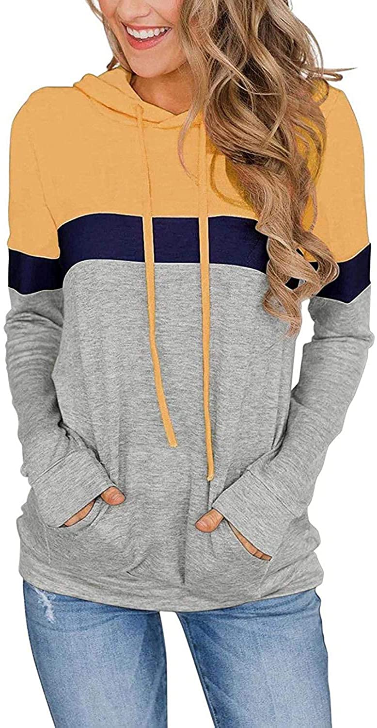 MODVICA Women Casual Hoodies Color Block Pullover Long Sleeve Tops With Pocket Drawstring Sweatshirts