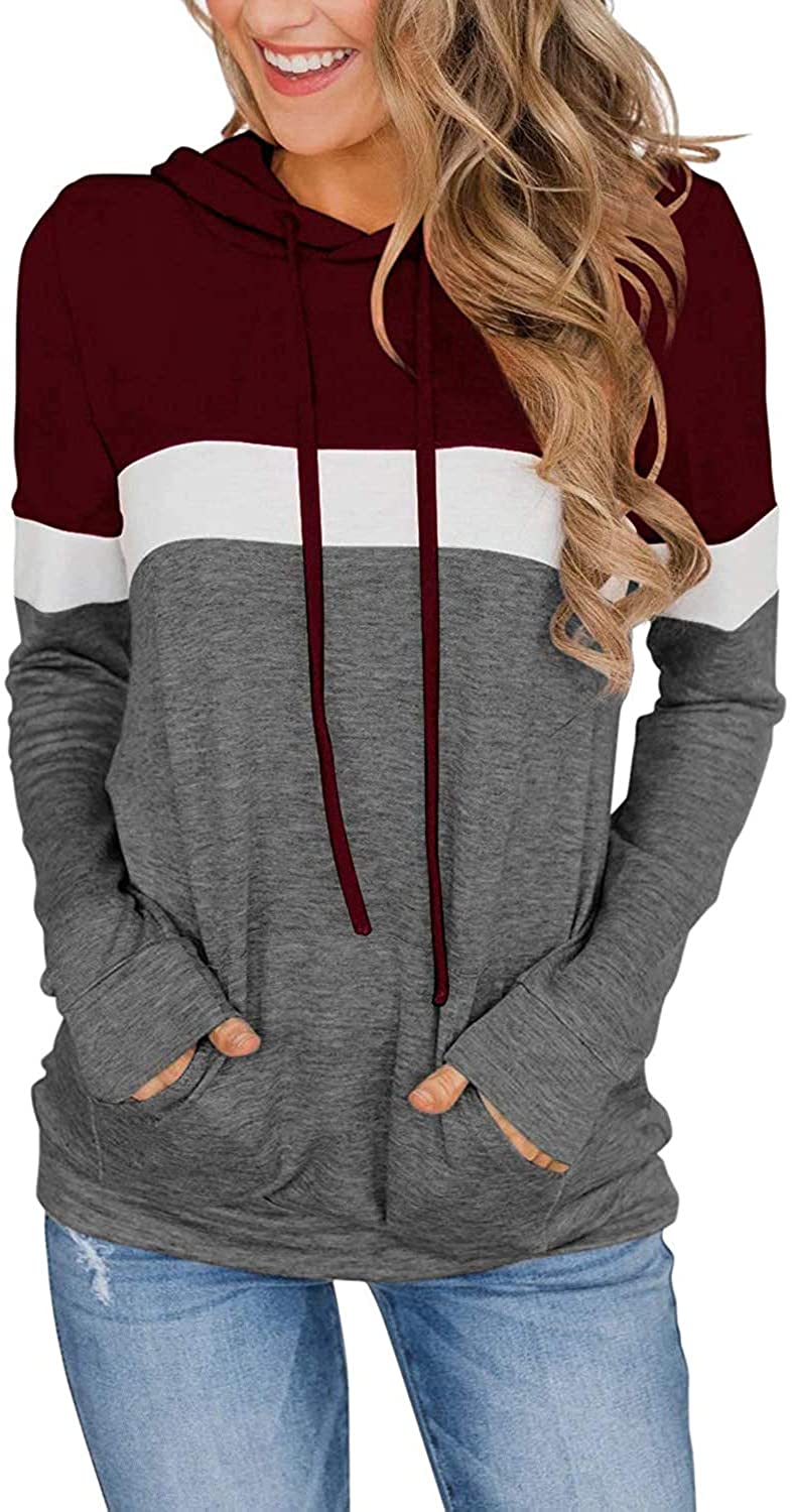 MODVICA Women Casual Hoodies Color Block Pullover Long Sleeve Tops With Pocket Drawstring Sweatshirts