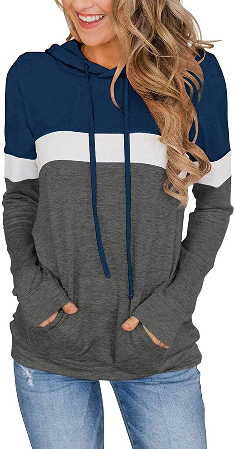 MODVICA Women Casual Hoodies Color Block Pullover Long Sleeve Tops With Pocket Drawstring Sweatshirts