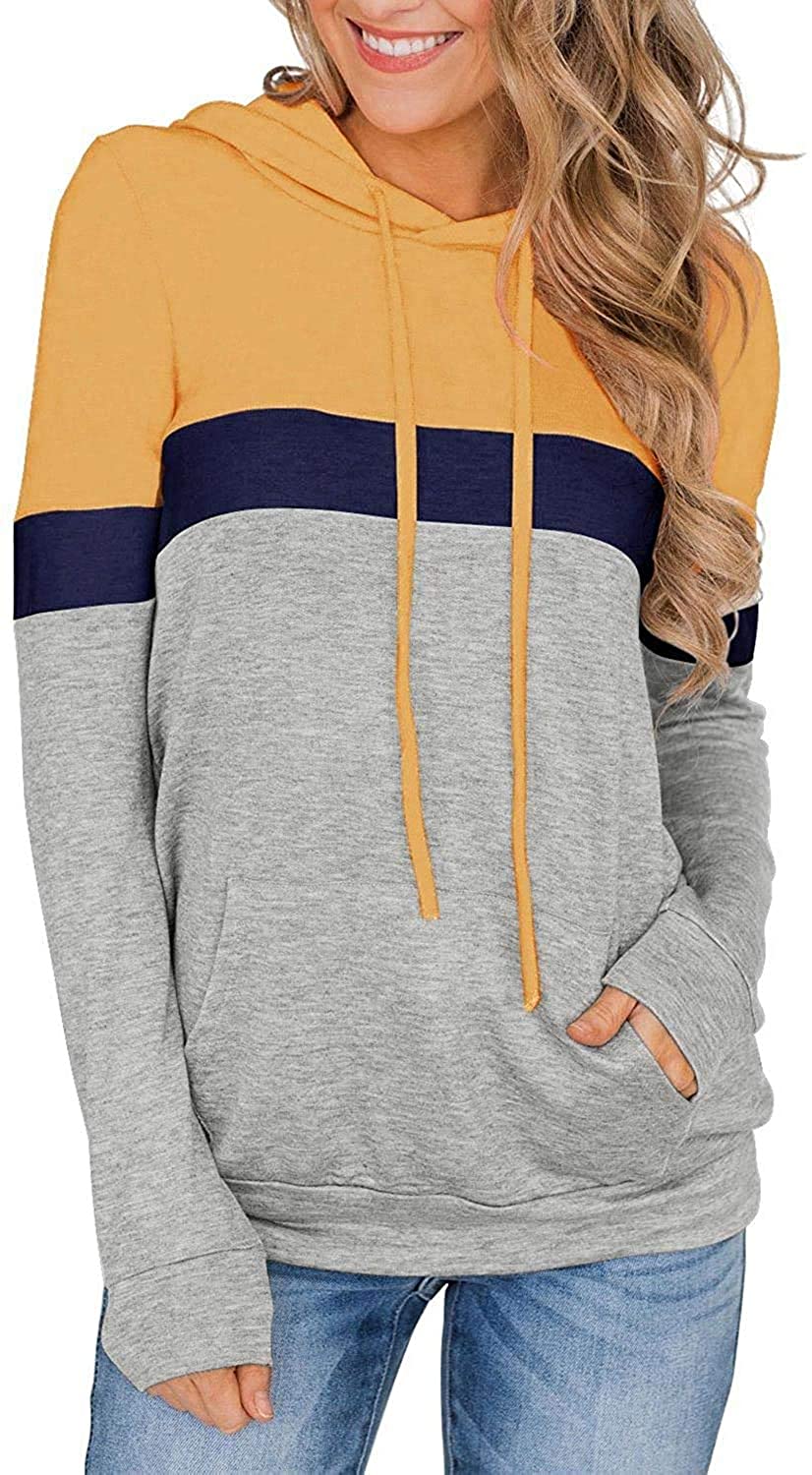 MODVICA Women Casual Hoodies Color Block Pullover Long Sleeve Tops With Pocket Drawstring Sweatshirts