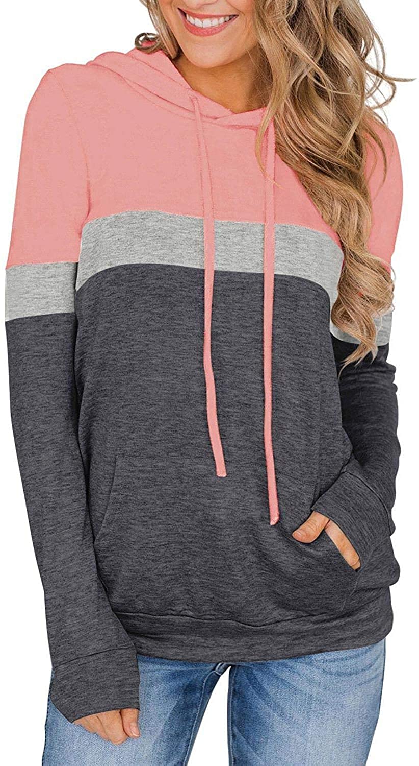 MODVICA Women Casual Hoodies Color Block Pullover Long Sleeve Tops With Pocket Drawstring Sweatshirts