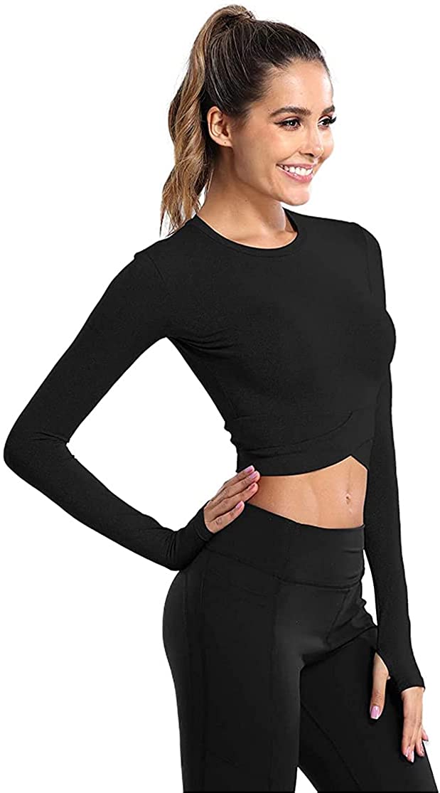 DEPOVOR Women Workout Crop Tops Tummy Cross Sport Shirt Athletic Yoga Gym Activewear Tops