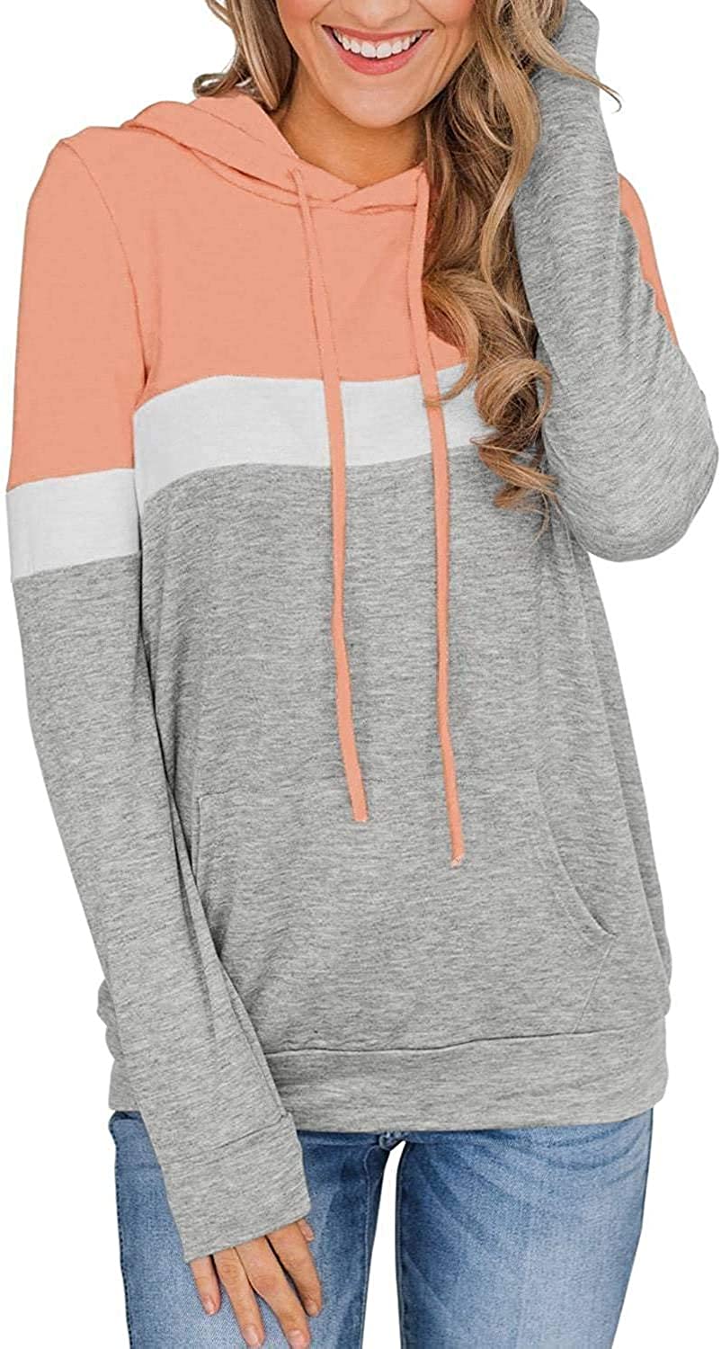 MODVICA Women Casual Hoodies Color Block Pullover Long Sleeve Tops With Pocket Drawstring Sweatshirts