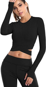 Bontierie Women Crew Neck Crop Tops Tummy Cross Long or Short Sleeve Sport Shirt for Yoga Fitness Running Tank Tops