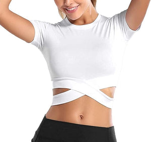 Bontierie Women Crew Neck Crop Tops Tummy Cross Long or Short Sleeve Sport Shirt for Yoga Fitness Running Tank Tops