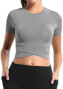 Bontierie Women Crew Neck Crop Tops Tummy Cross Long or Short Sleeve Sport Shirt for Yoga Fitness Running Tank Tops