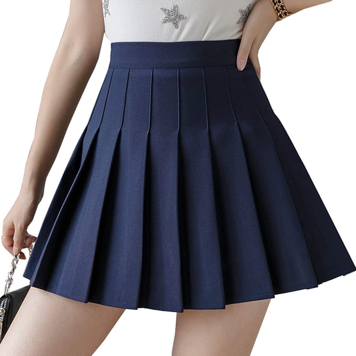 Apriddeo Girls Women High Waisted Pleated Skirt Plain Plaid A-line Mini Skirt Skater Tennis School Uniform Skirts Lining Shorts