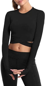 Bontierie Women Crew Neck Crop Tops Tummy Cross Long or Short Sleeve Sport Shirt for Yoga Fitness Running Tank Tops