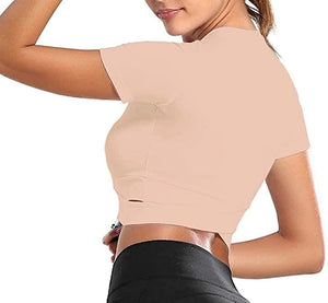 Bontierie Women Crew Neck Crop Tops Tummy Cross Long or Short Sleeve Sport Shirt for Yoga Fitness Running Tank Tops