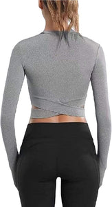 Bontierie Women Crew Neck Crop Tops Tummy Cross Long or Short Sleeve Sport Shirt for Yoga Fitness Running Tank Tops